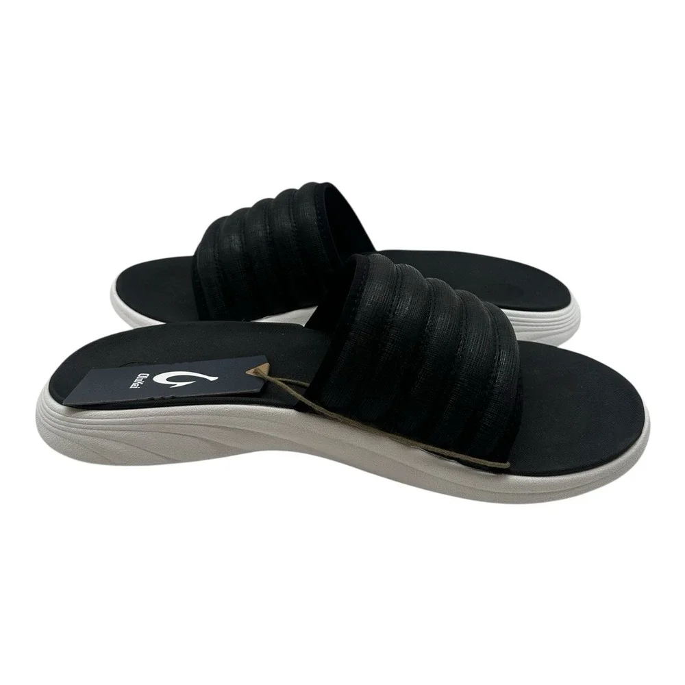 Olukai Komo Slides Men's Size 13 Black White Cushioned Beach Sandals Slip On NWT